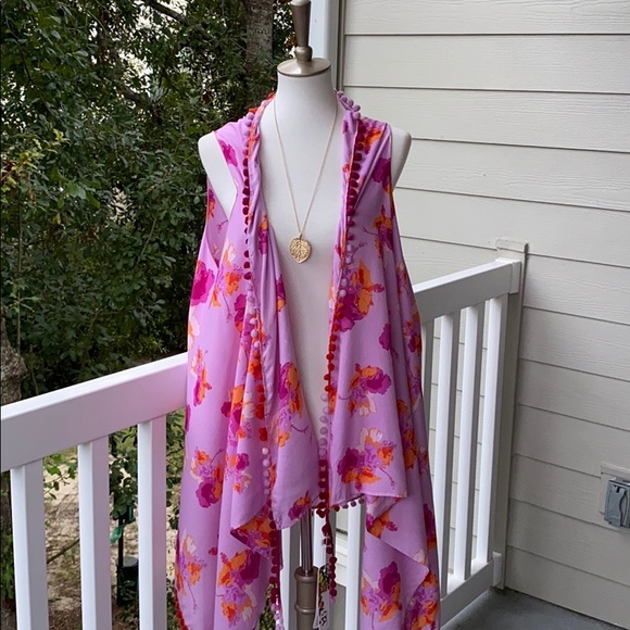 America & Beyond Boho Long Duster Draping Floral Pom Pom Summer Vest Cover Up OS - Picture 10 of 11
